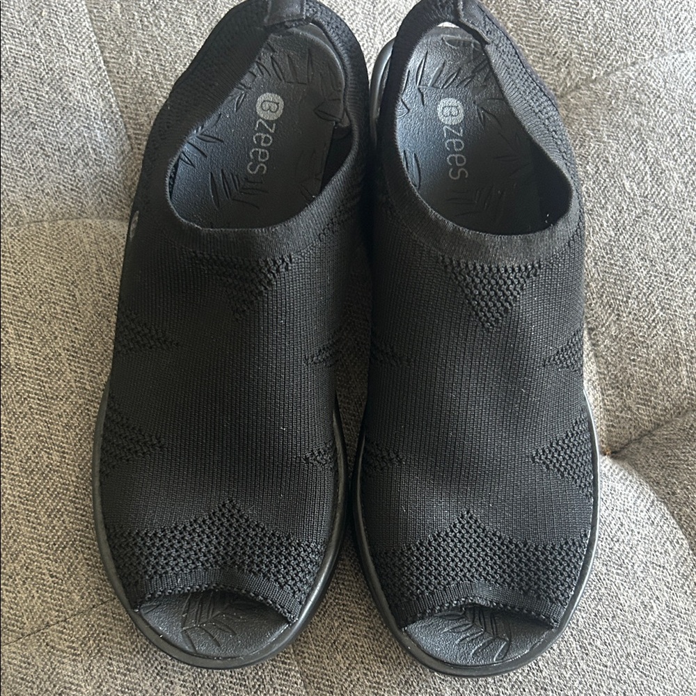 Bzees Black Knit Open-Toe Slip-Ons